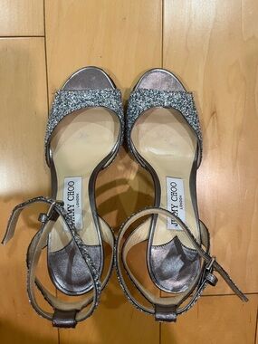 Jimmy Choo Silver Glitter Open-Toe Ankle-Strap Heels